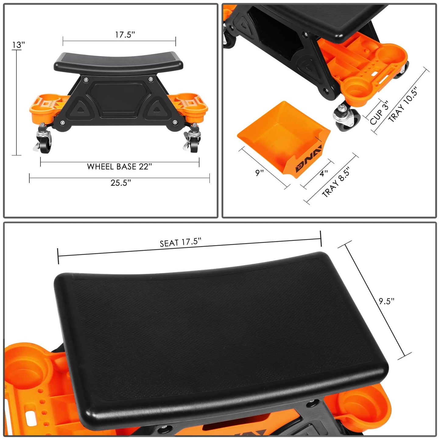 DNA Motoring TOOLS-00189 Mechanic Stool - 25-1/2" x 13" x 12" (L x H x W), Rolling Work Seat w/Lockable Swivel Wheels and Storage Tool Tray - WoodArtSupply