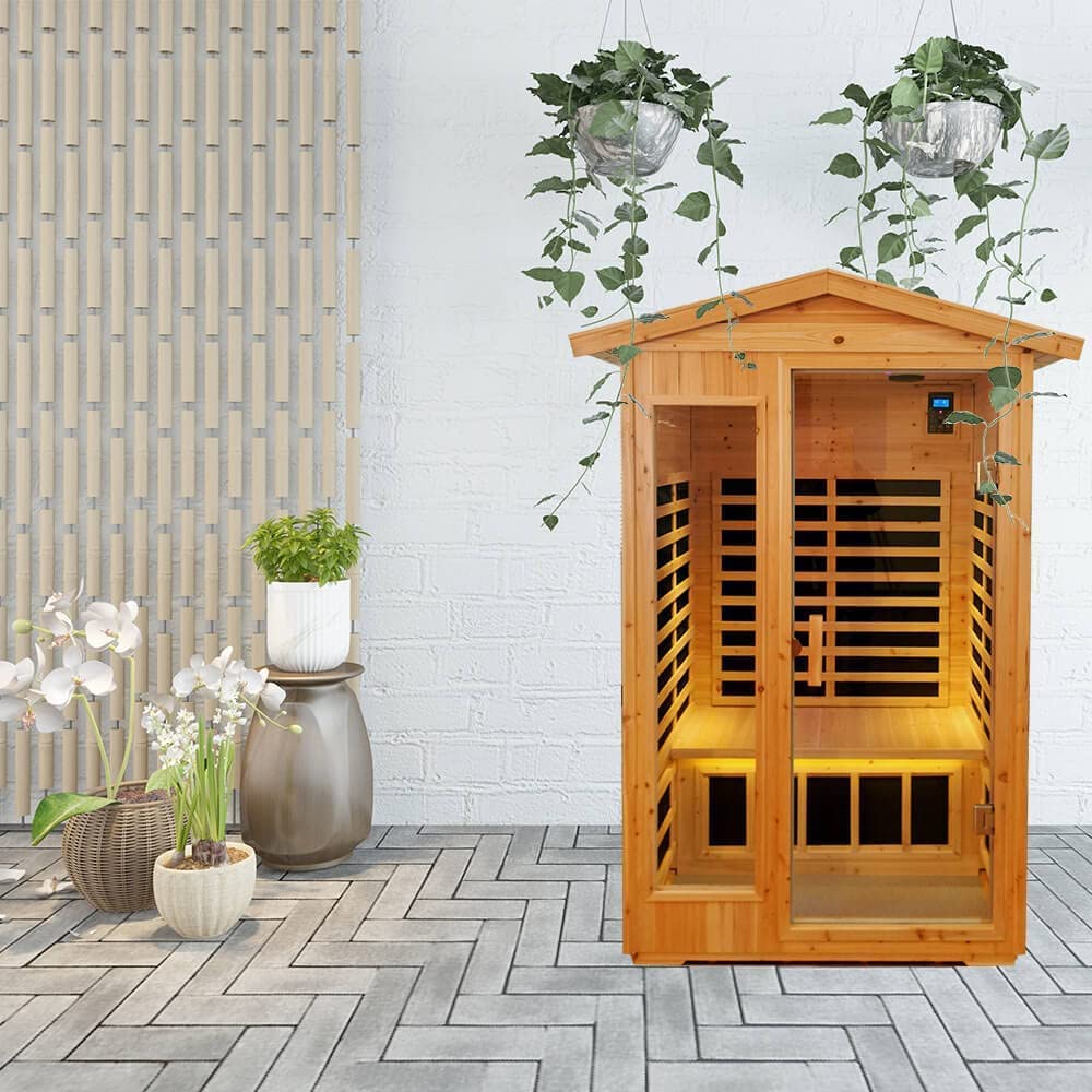 Xmatch Far Infrared Wooden Outdoor Sauna, 2-Person Size 1750W, 9 Low EMF Heaters, 10 Minutes Pre-Warm up, Time and Temp Pre-Set, 2 Bluetooth