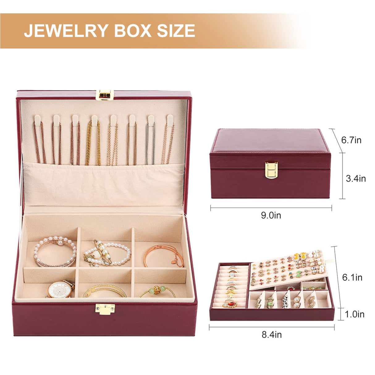Sanikeon Jewelry Boxes for Women Girls PU Leather Jewelry Organizer Box 2 Layer Large Jewelry Storage Case Removable Tray for Necklace Earring Ring Sanikeon
