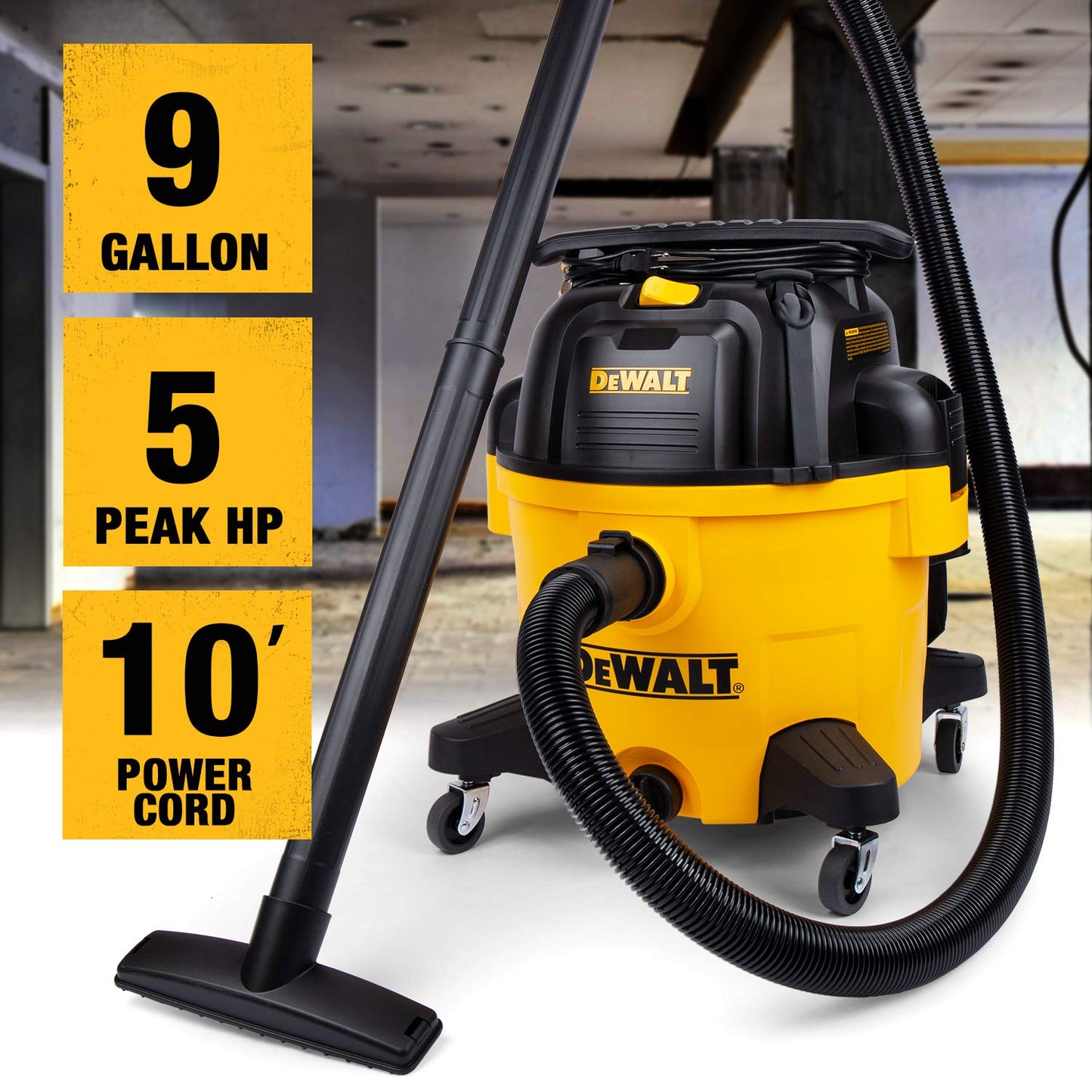 DEWALT 9 Gallon DXV09PZ New Version Poly Wet/Dry Vac, Heavy Duty Shop Vacuum for Jobsite/Workshop, Yellow - WoodArtSupply