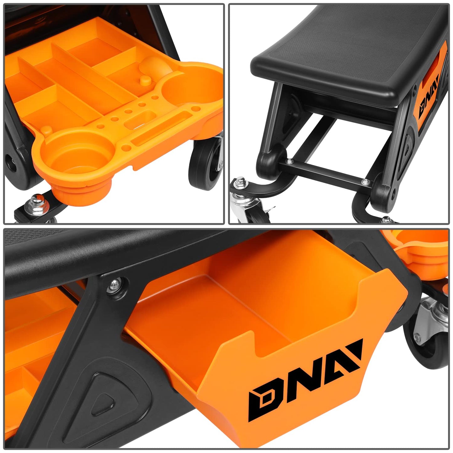 DNA Motoring TOOLS-00189 Mechanic Stool - 25-1/2" x 13" x 12" (L x H x W), Rolling Work Seat w/Lockable Swivel Wheels and Storage Tool Tray - WoodArtSupply