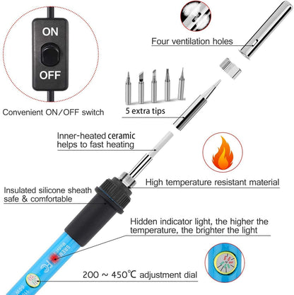 9-in-1 Soldering Kits, [Upgraded] 60W Adjustable Temperature Welding Tool with ON-Off Switch, 5pcs Soldering Iron Tips, Solder Wire, Y Type Soldering - WoodArtSupply