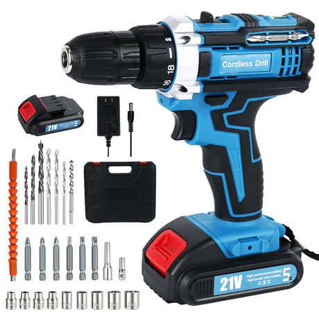 Aseboy 21V Cordless Drill Set, 1.5AH Battery, 18+2 Clutch Electric Drill with Work Light, Hammer Drill with 248 In-lbs Max, 2 Variable Speed,Fast Aseboy