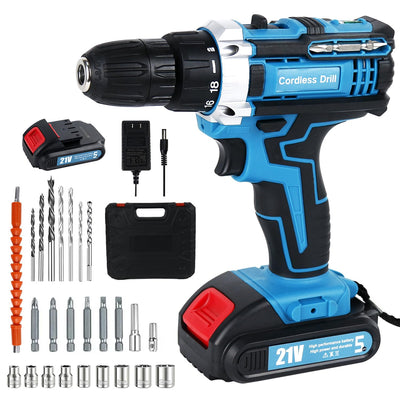 Aseboy 21V Cordless Drill Set, 1.5AH Battery, 18+2 Clutch Electric Drill with Work Light, Hammer Drill with 248 In-lbs Max, 2 Variable Speed,Fast