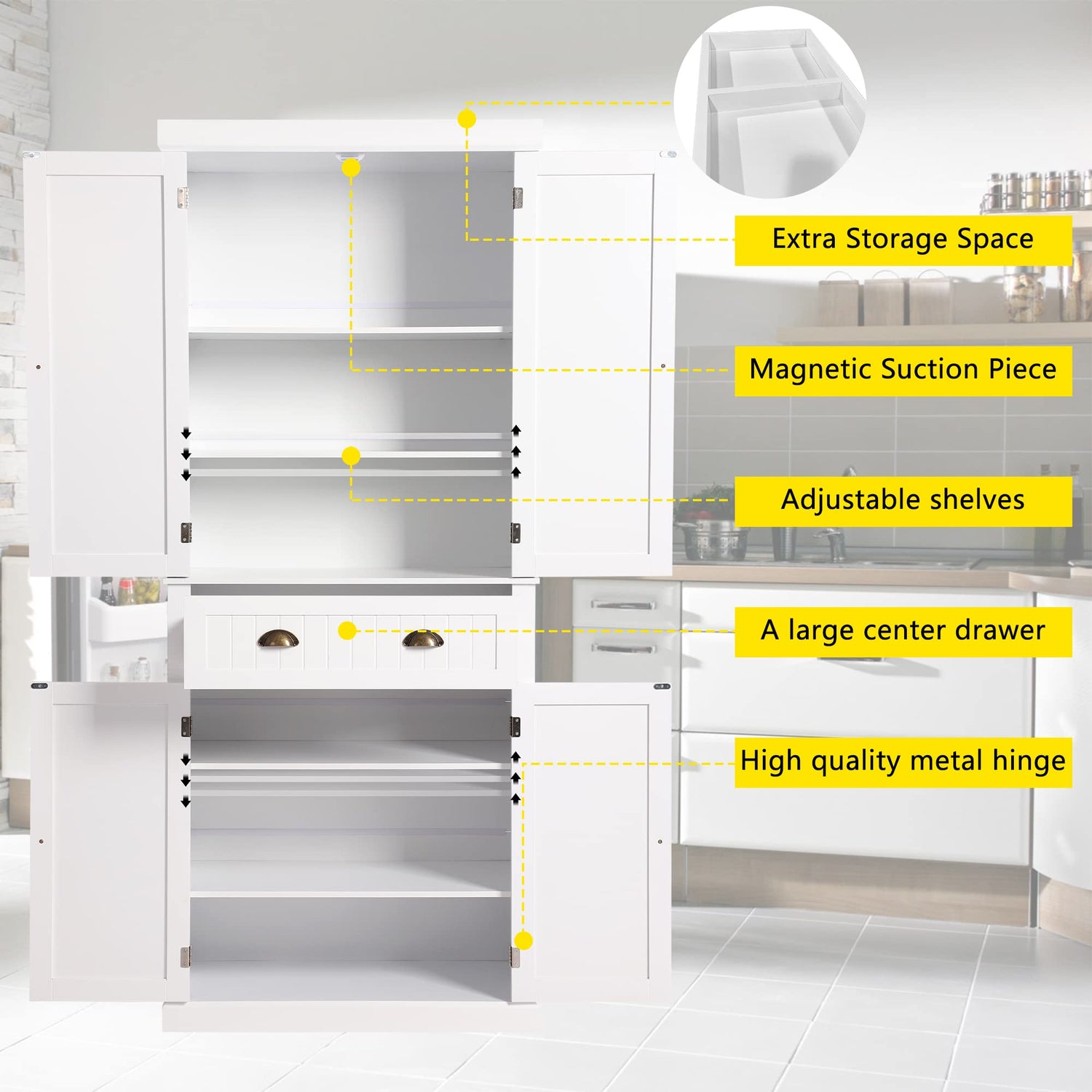 KIGOTY Kitchen Pantry Dining Cabinet Storage Pantry with Drawer and Adjustable Shelves for Living Room,Bathroom or Hallway (White, 72“H) KIGOTY