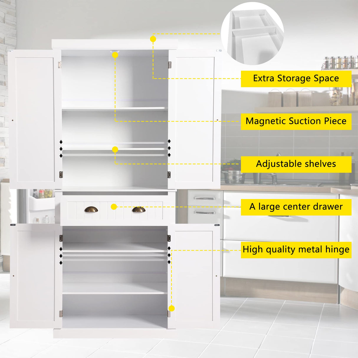 KIGOTY Kitchen Pantry Dining Cabinet Storage Pantry with Drawer and Adjustable Shelves for Living Room,Bathroom or Hallway (White, 72“H) KIGOTY