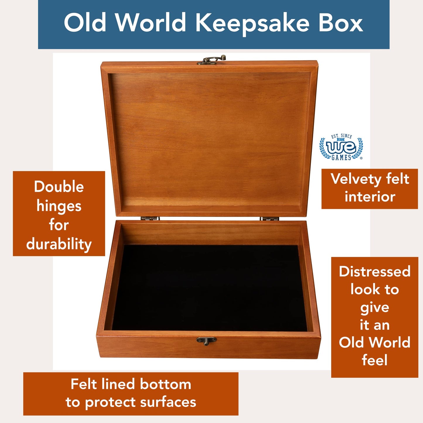 WE Games Custom Engravable Wooden Keepsake Storage Box, Decorative Memory Box, Storage with Brass Fixtures, Storage for Photos, Stationary, Jewelry,