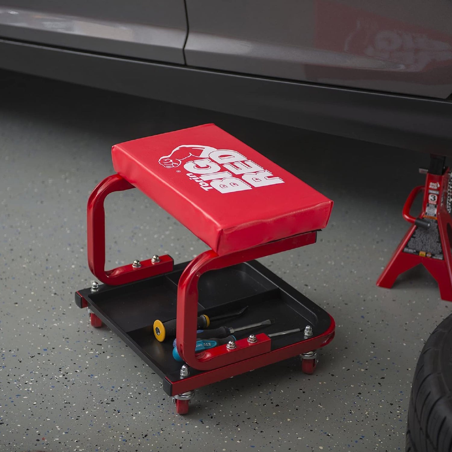 Torin TR6300 Red Rolling Creeper Garage/Shop Seat: Padded Mechanic Stool with Tool Tray BIG RED