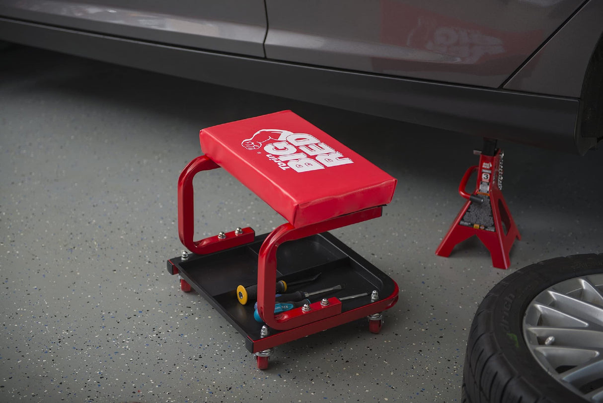 Torin TR6300 Red Rolling Creeper Garage/Shop Seat: Padded Mechanic Stool with Tool Tray BIG RED
