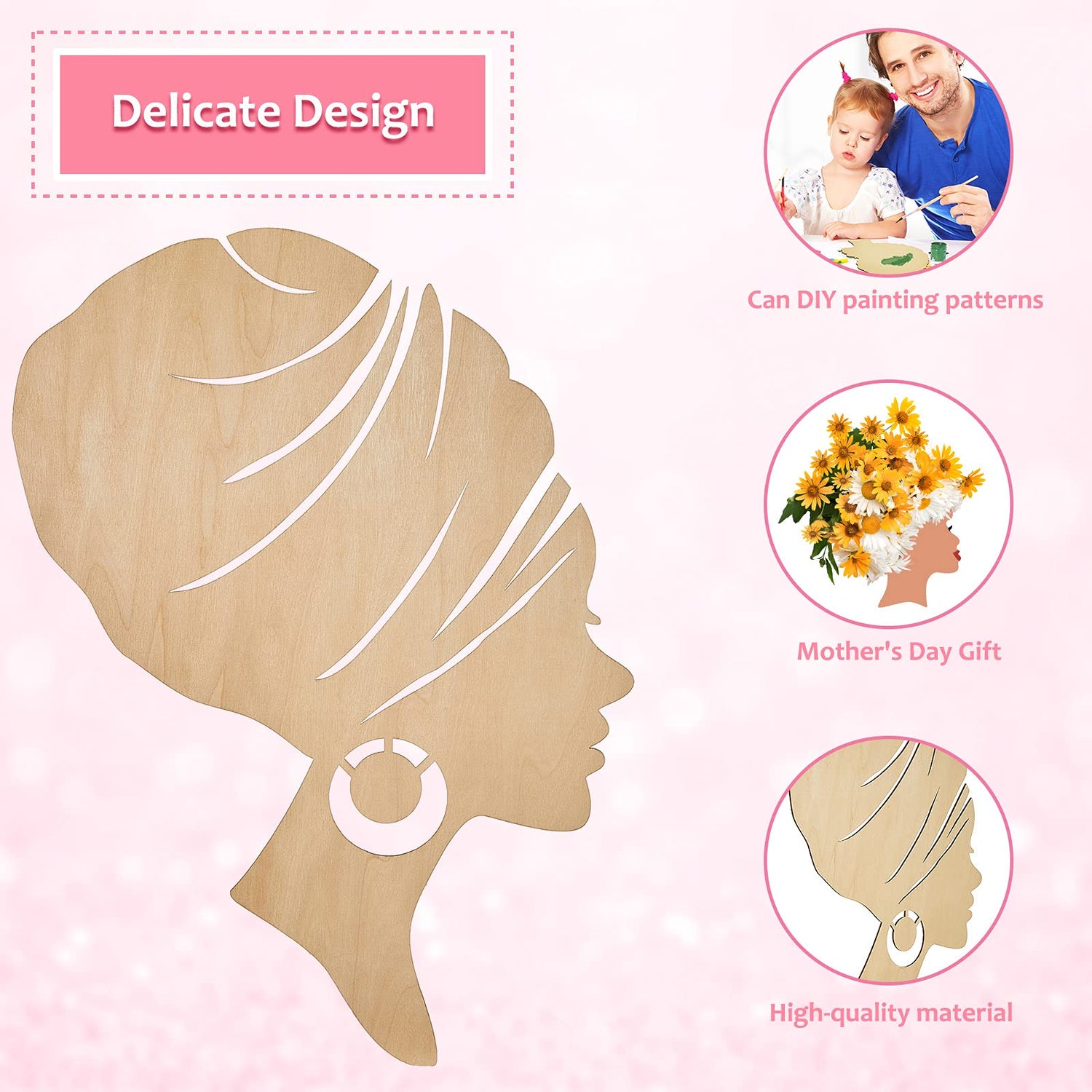 2 Pieces African Girl Wooden Cutouts DIY Wooden Template Mother and Child Wreath DIY Template Head Wooden Silhouette for DIY Mother's Day Present Jetec