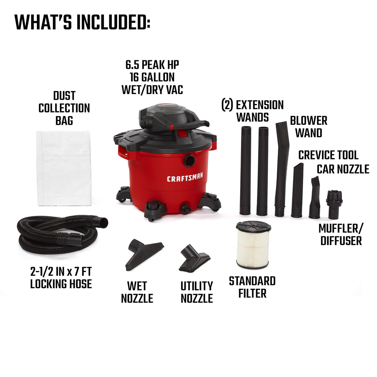 CRAFTSMAN CMXEVBE17607 16 Gallon 6.5 Peak HP Wet/Dry Vac with Detachable Leaf Blower, Heavy-Duty Shop Vacuum with Attachments Craftsman
