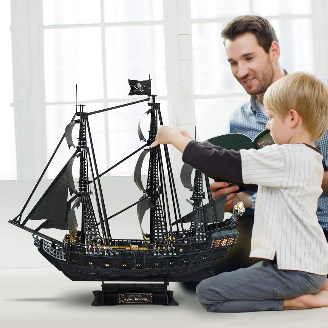 3D Puzzles for Adults - Led Pirate Ship Queen Anne's Revenge - Large 27'' Sailboat Hard Puzzles - Desk Decor House Warming Gifts New Home - CubicFun