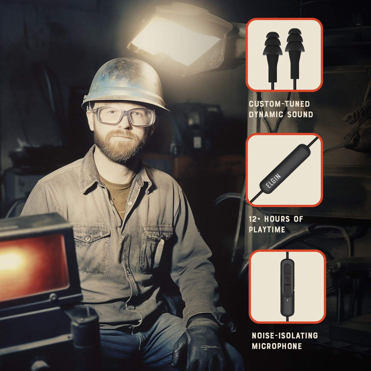 Elgin Ruckus Wireless Bluetooth Earplug Headphones, 25 dB Noise Reduction Ear Plug Earbuds, Noise Cancelling Mic, 12 Hour Battery, IP65 sweatproof, Elgin