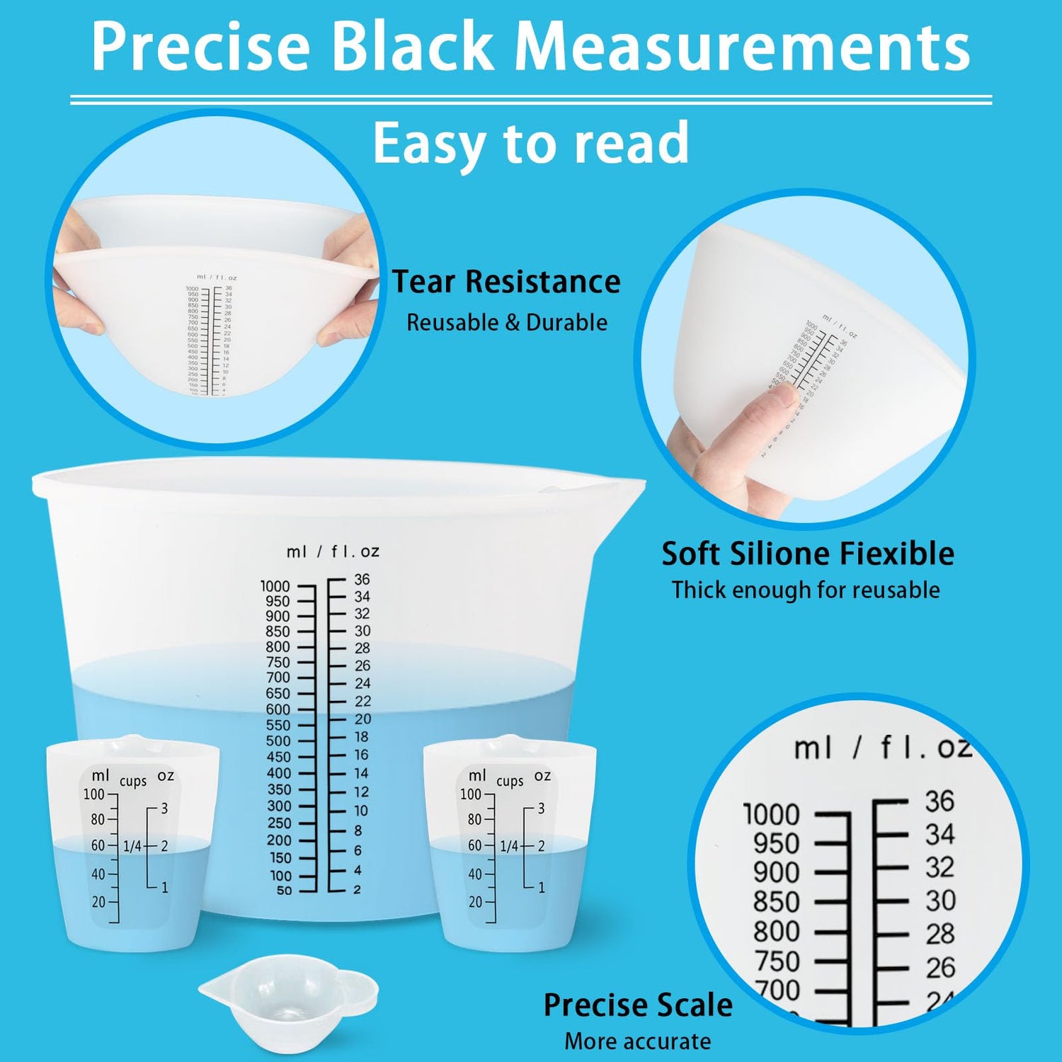 Creahaus 1000ML Large Silicone Measuring Cups for Resin, Easy to Read 36oz Silicone Mixing Bowl with 100ML Silicone Resin Mixing Cup, Easy Clean Creahaus