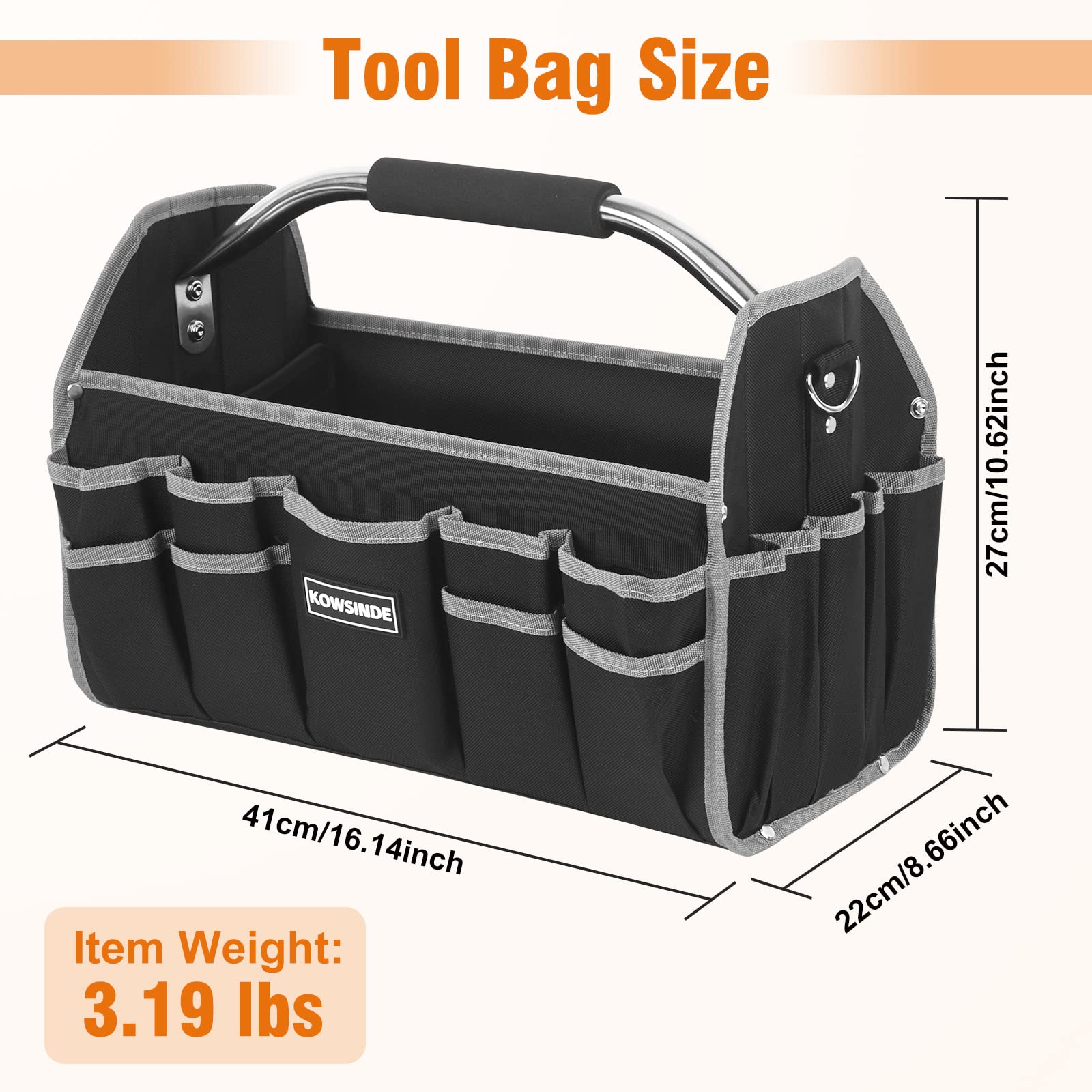 Kowsinde 16 Inch Tool Bag, Electrician Tool Bag, Open Top Tool Bags, 26 Pockets Can Hold Many Tools, Steel Handle and Removable Shoulder Strap - WoodArtSupply