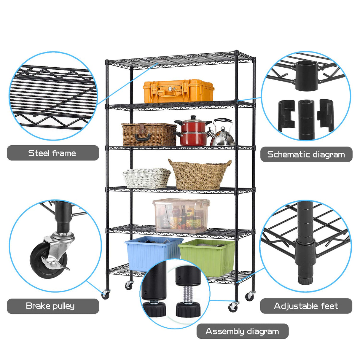 HCB 6-Tier Storage Shelf Heavy Duty Wire Shelving Unit 82"x48"x18" Height Adjustable Metal Steel Wire with Casters for Restaurant Garage Pantry HCB