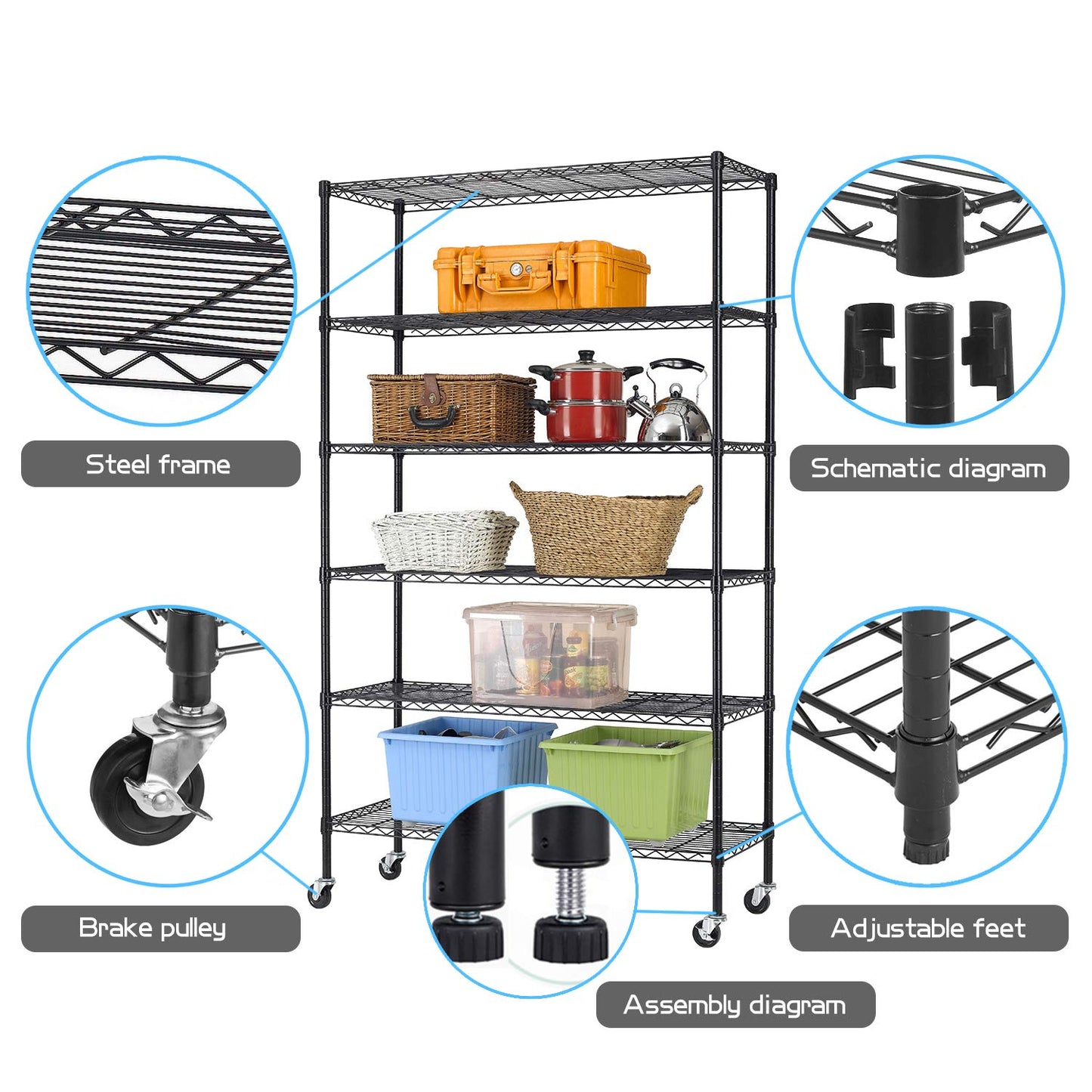 HCB 6-Tier Storage Shelf Heavy Duty Wire Shelving Unit 82"x48"x18" Height Adjustable Metal Steel Wire with Casters for Restaurant Garage Pantry