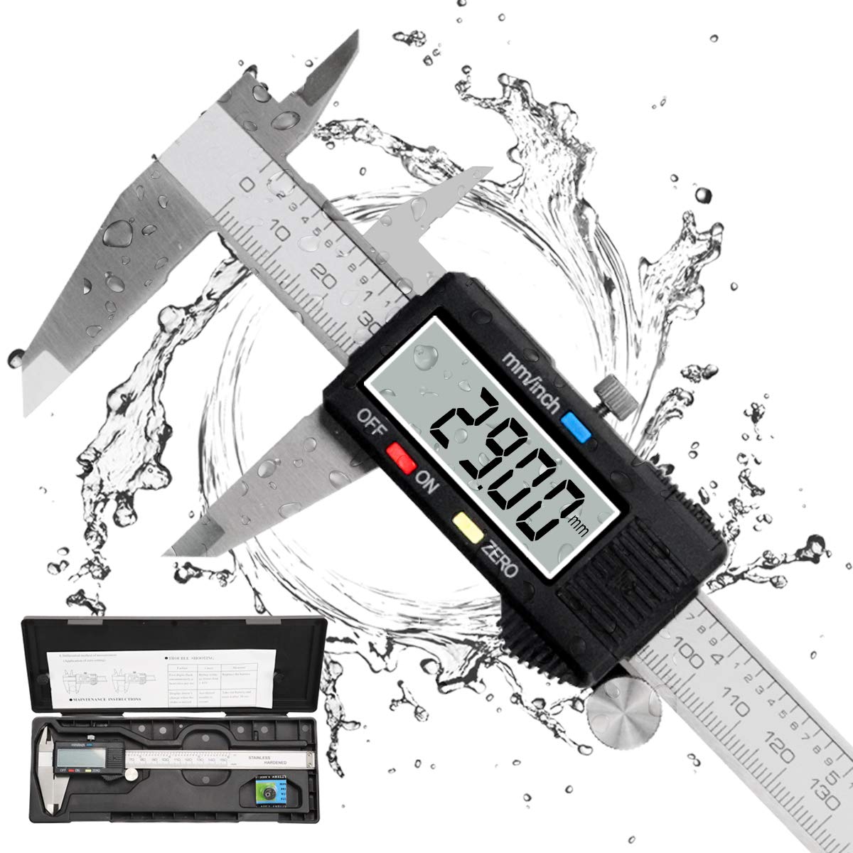 Caliper Measuring Tool, Qfun Vernier Digital Caliper Stainless Steel 6 Inch/150mm, Digital Micrometer Waterproof, Easy Switch from Inch to Qfun