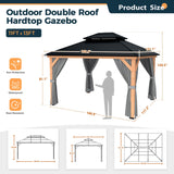 HAPPATIO 11' × 13' Wood Gazebo, Outdoor Hardtop Gazebo with Mosquito Netting and Curtains, Double Metal Roof Patio Gazebo Hard Top Gazebo for Garden, HAPPATIO