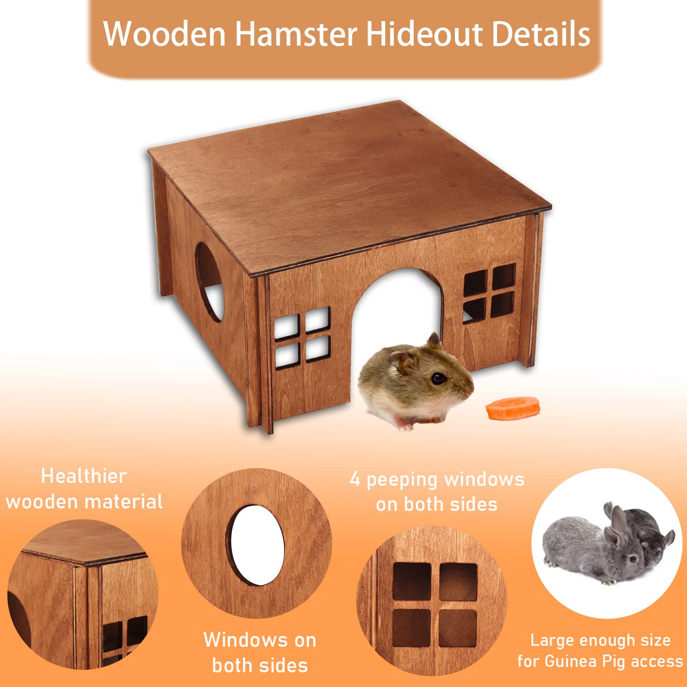 Large Wood Guinea Pig Hideout with Windows,Hamster House Hideout,Small Animals Pets Houses Hideouts,Suitable for Chinchilla,Hamsters and Small Rabbit WHEARTED