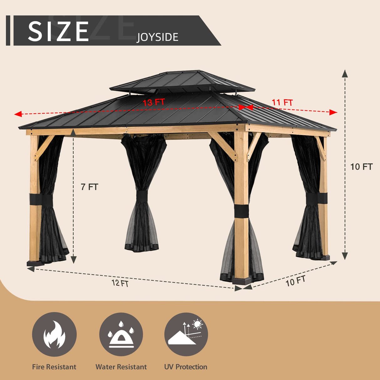 Joyside Wood Gazebo with Mosquito Netting 13 x 11 ft. Wood Patio Gazebo - Cedar Wood Framed Gazebo with Steel Frame Gable Roof Hardtop Gazebo for Joyside