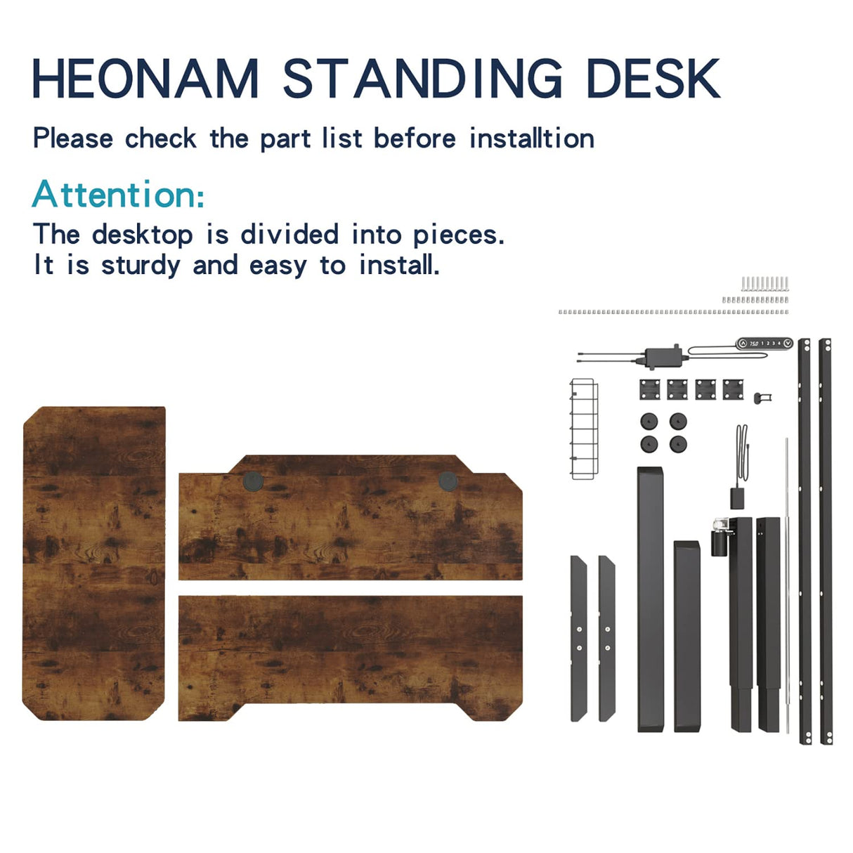 HEONAM 59'' L Shaped Electric Height Adjustable Standing Desk, Sit to Stand Home Office Computer Desk with Black Frame & Rustic Brown Top HEONAM