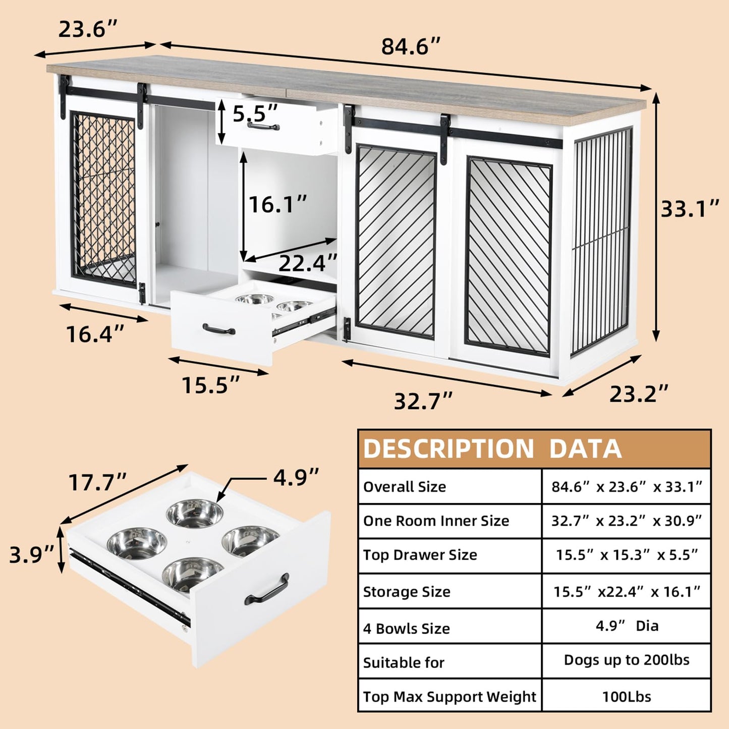 Extra Large Dog Crate Furniture, 85" Sliding Door Double Kennel for 2 Large Dogs Divided, Heavy Duty Wooden Dog Crate Kennel Furniture with 4 Dog - WoodArtSupply