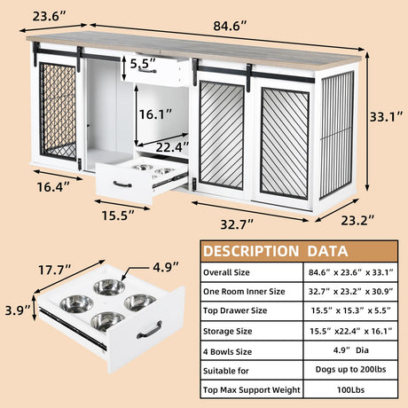 Extra Large Dog Crate Furniture, 85" Sliding Door Double Kennel for 2 Large Dogs Divided, Heavy Duty Wooden Dog Crate Kennel Furniture with 4 Dog okcomuy