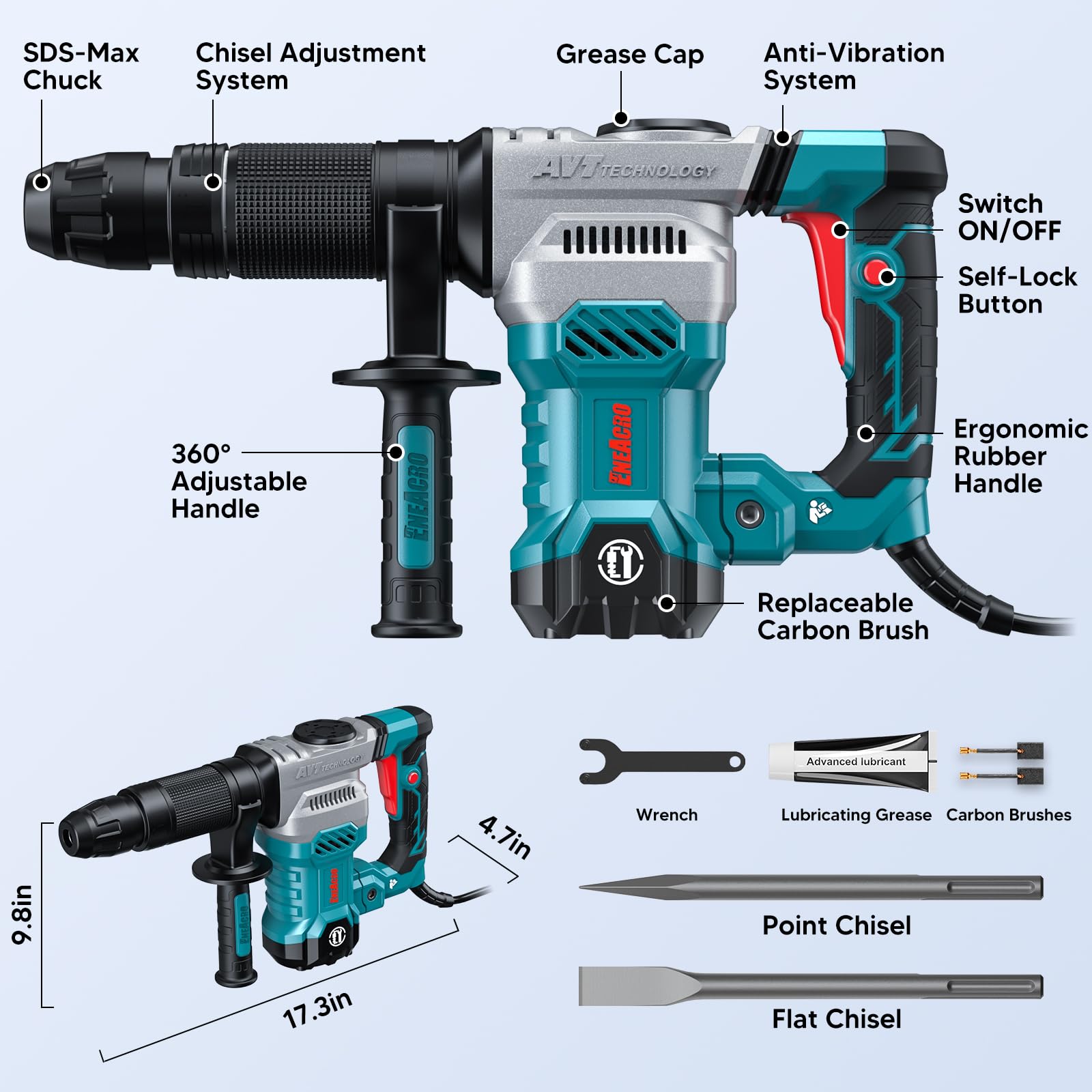 ENEACRO SDS-Max Demolition Jack Hammer for Concrete, Heavy Duty 11 Amp Electric Demo Chipping Hammer，Aluminum Alloy Shell, Vibration Control, - WoodArtSupply