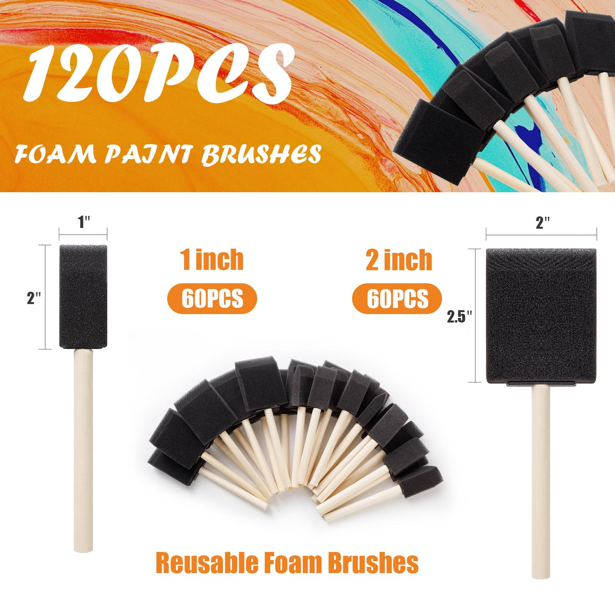 120 Pcs Foam Paint Brushes, 1” and 2” Foam Brush with Wood Handle, Bulk Sponge Brushes for Painting, Foam Art Paintbrushes Set for Staining, REDOVANT