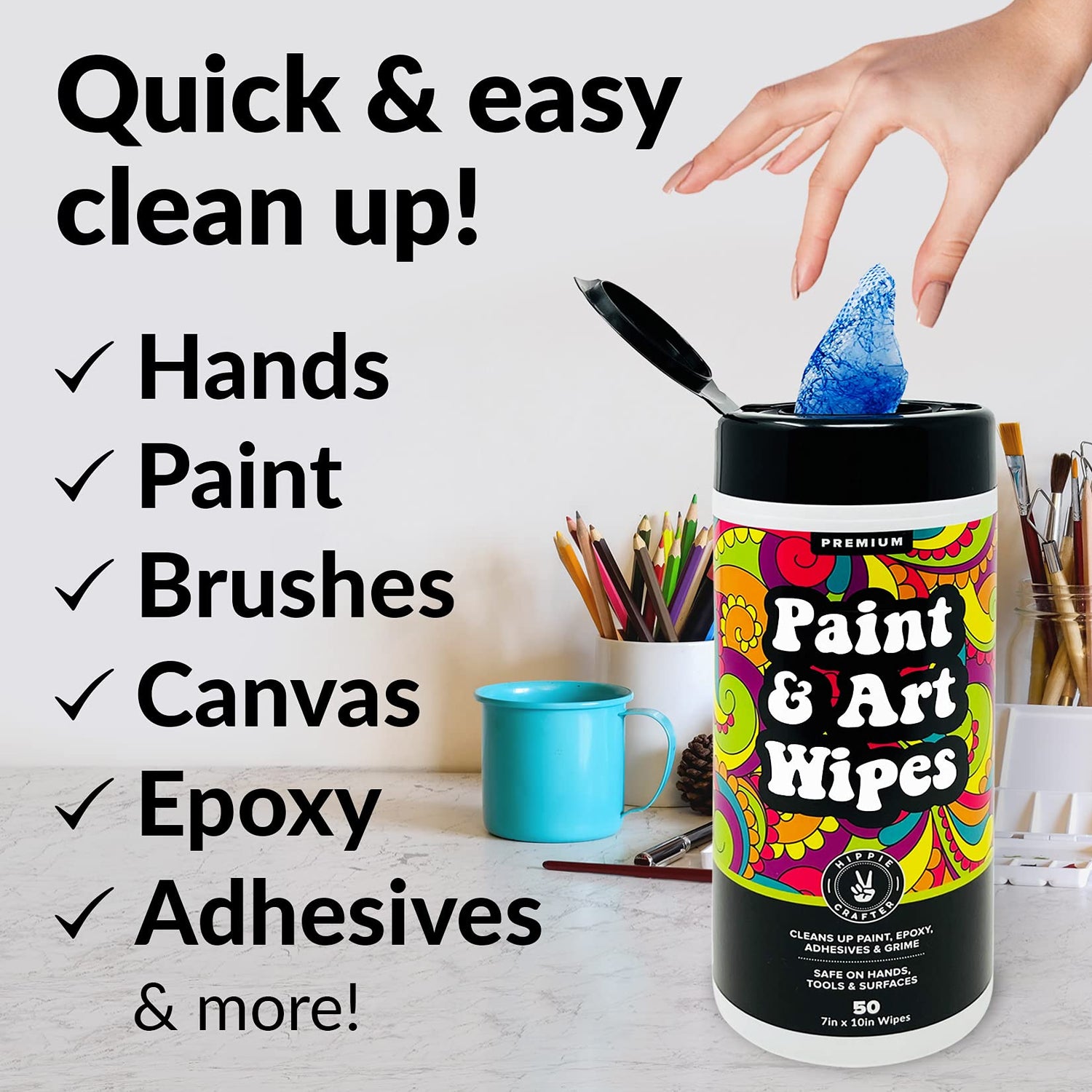 Paint & Art Wipes Paint Remover Wipes Cleaner Epoxy Glue Stains Latex, Acrylic Hand Cleaner and Plastic, Metal or Wood Surfaces, Floors, Brushes, HIPPIE CRAFTER