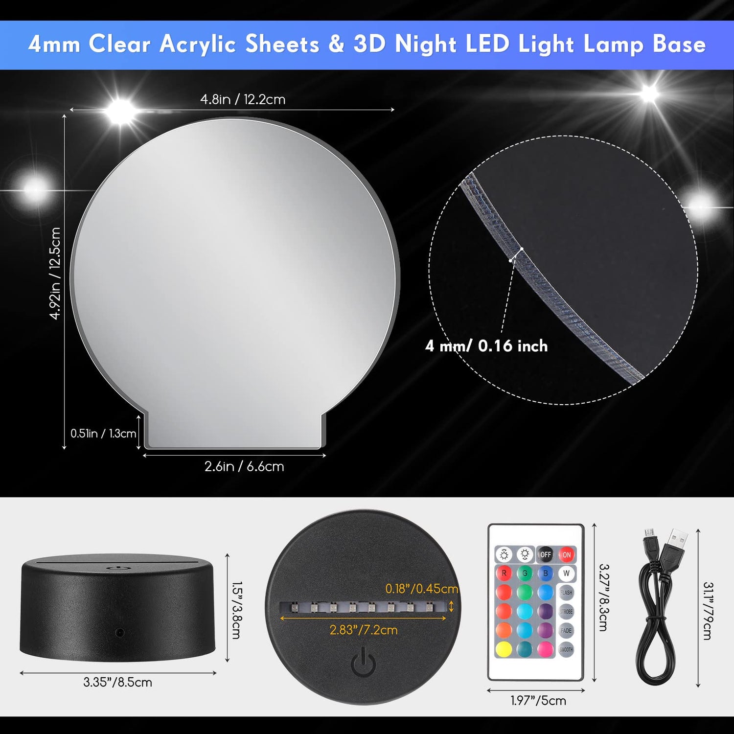12 Pieces Clear Acrylic Sheets and 12 Pieces 3D Night LED Light Lamp Base with Remote Control and USB Cable, DIY Acrylic Lamp Base Set for Restaurant Riakrum