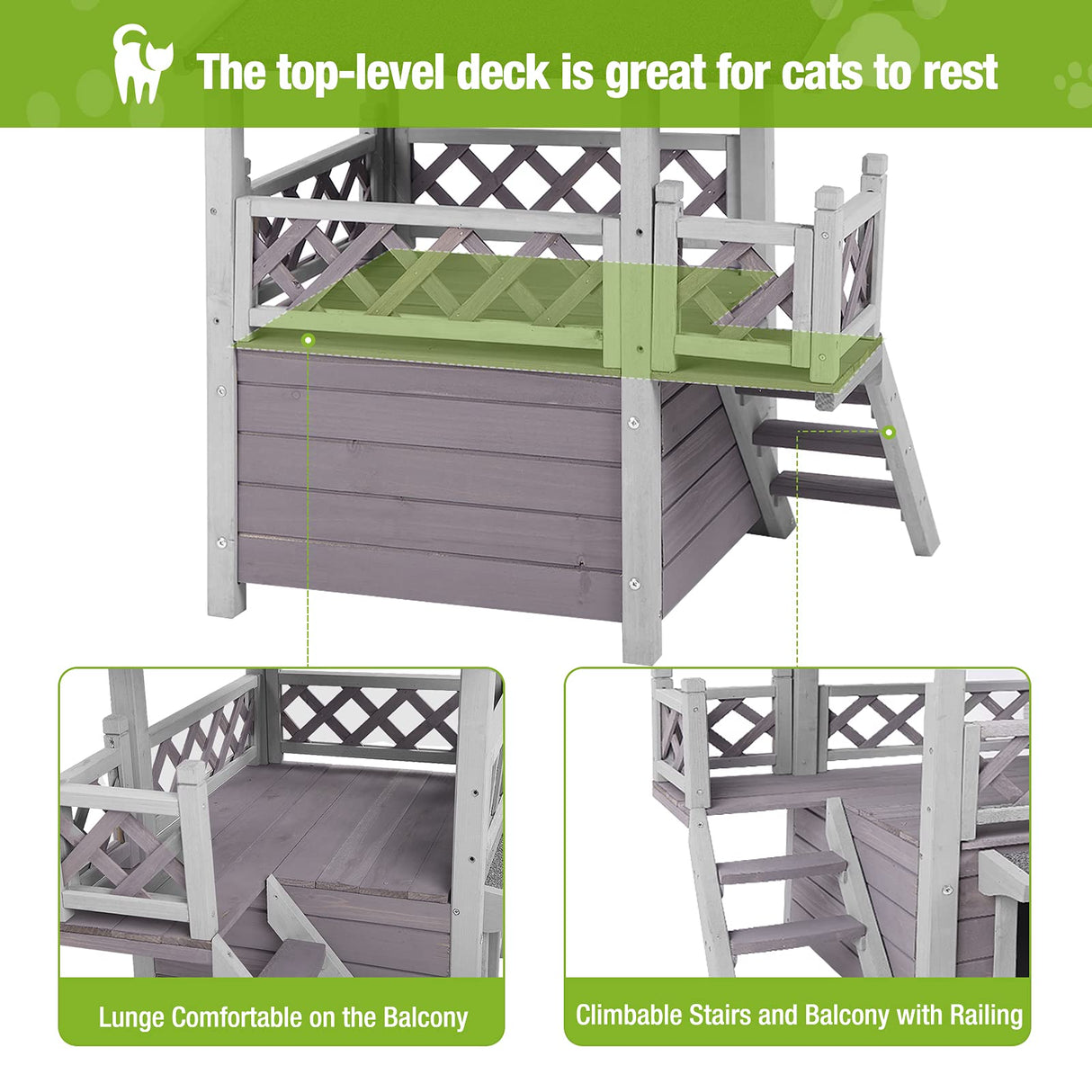 Cat House with Door for Feral Cats, Rainproof Outside Kitty House, 2 Story Wooden Kitten Condo with Stairs (AIR09-BS) GUTINNEEN