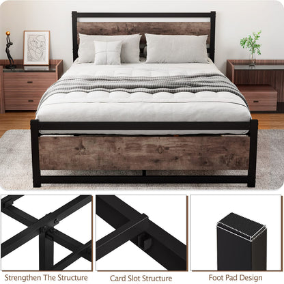 ZIORS King Size Bed Frame with Wooden Headboard, Heavy Duty Metal Platform Bed Frame, No Box Spring Needed, Mattress Foundation Platform,
