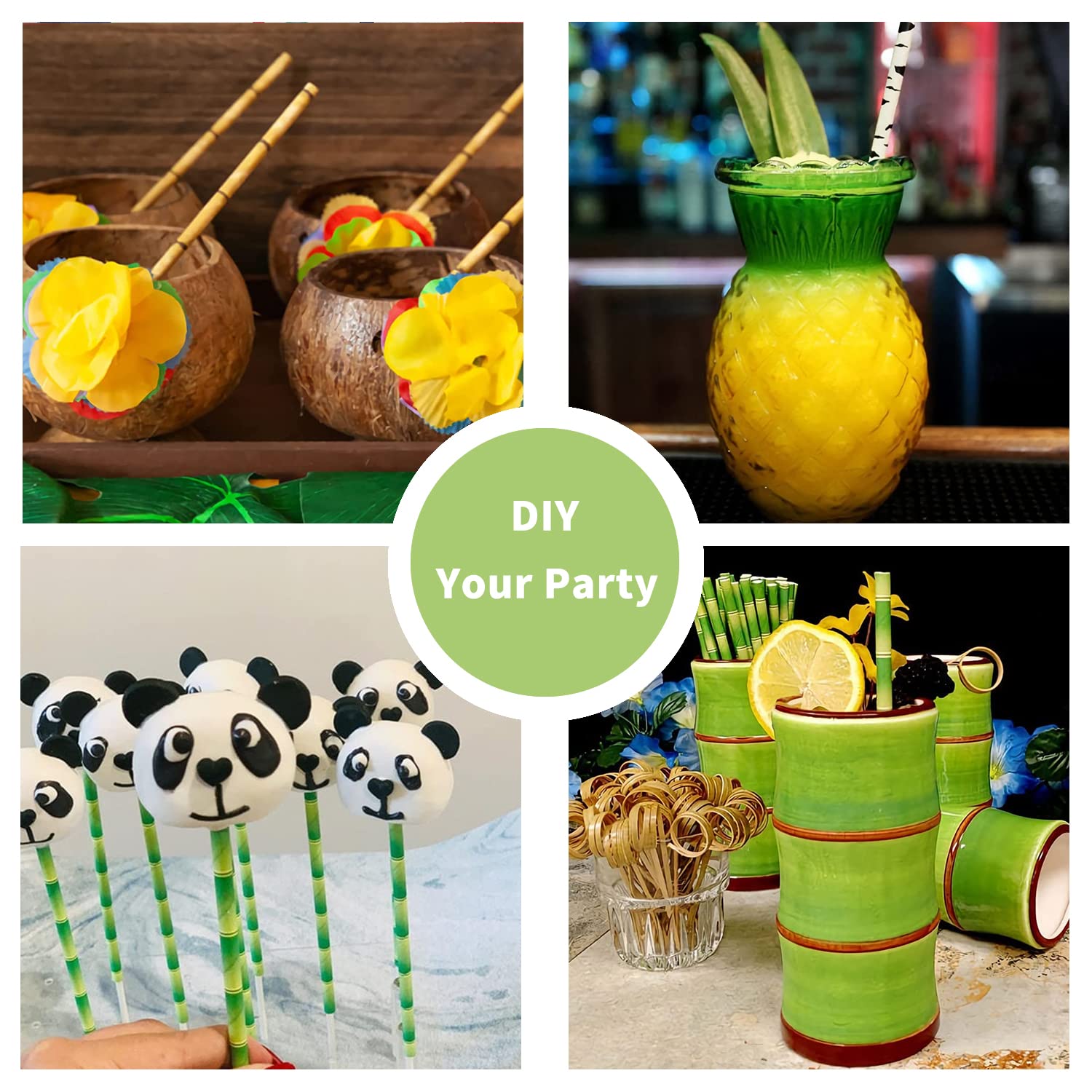 Green Bamboo Paper Straws, 100 Pieces Bamboo Printed Disposable Biodegradable Paper Drinking Straws for Cocktail, Party Decoration BOFA Eco Tableware