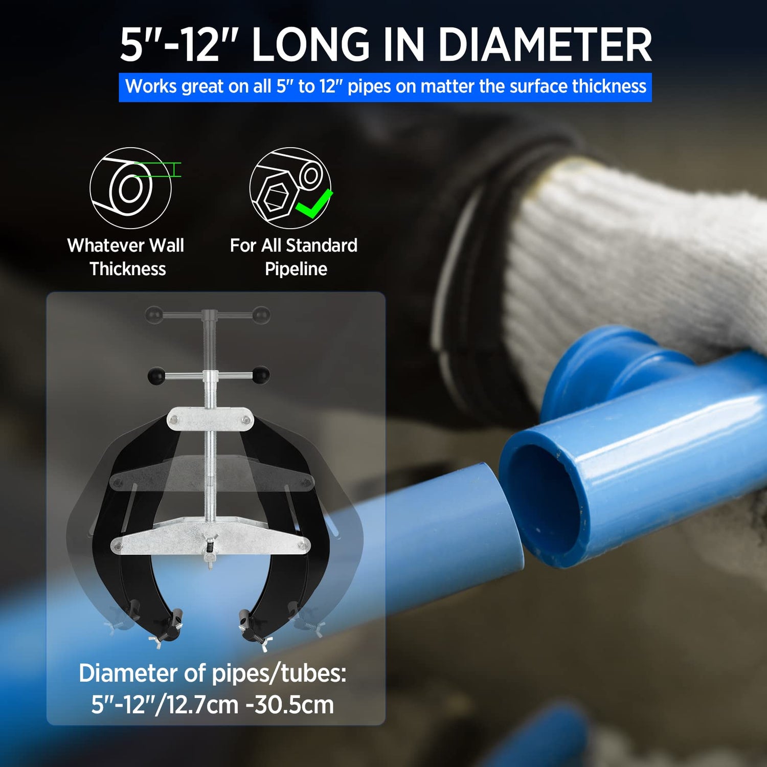 Pipe Clamp, 5 to 12 in, Steel Pipe Alignment Tool with Lightweight Design, High Strength Ultra Clamp with Quick Acting Screws, Black ajee