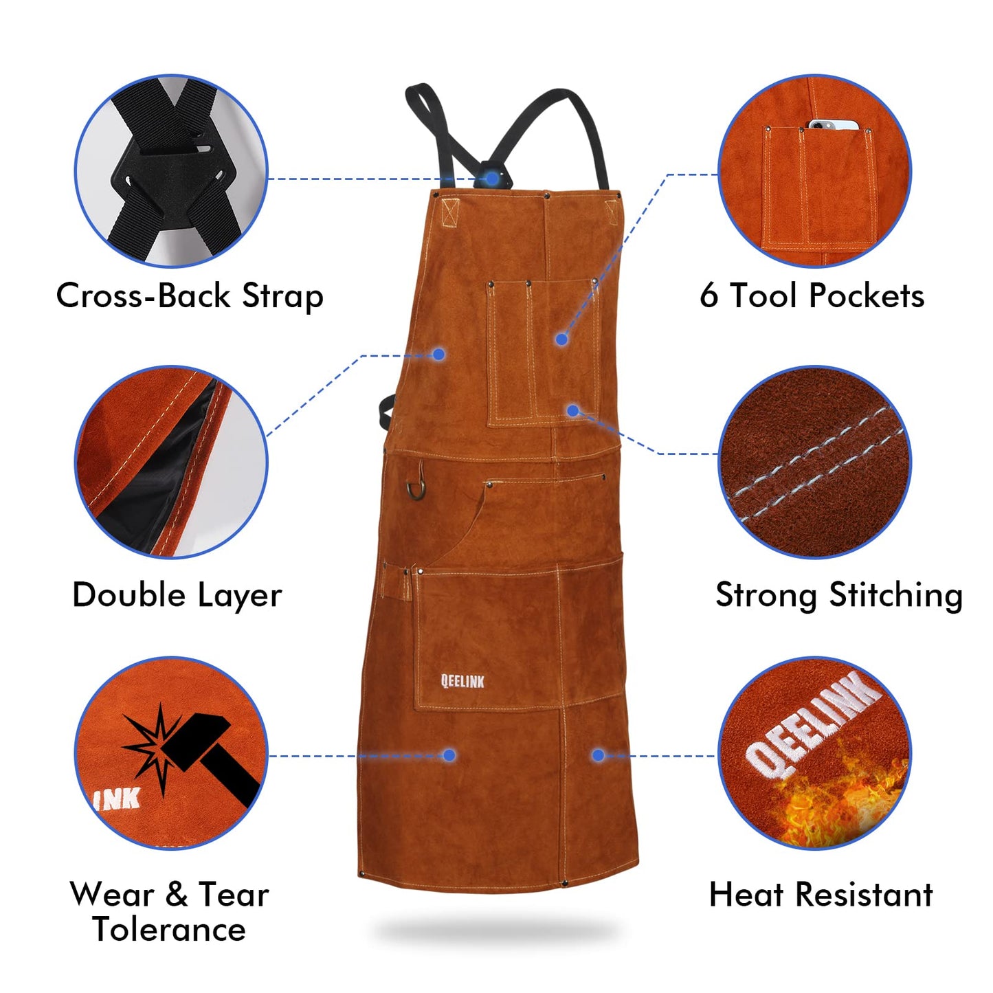 QeeLink Leather Welding Work Shop Apron with 6 Tool Pockets, Heat & Flame Resistant Cowhide Heavy Duty Blacksmith Apron, 24" x 36", Adjustable M to - WoodArtSupply