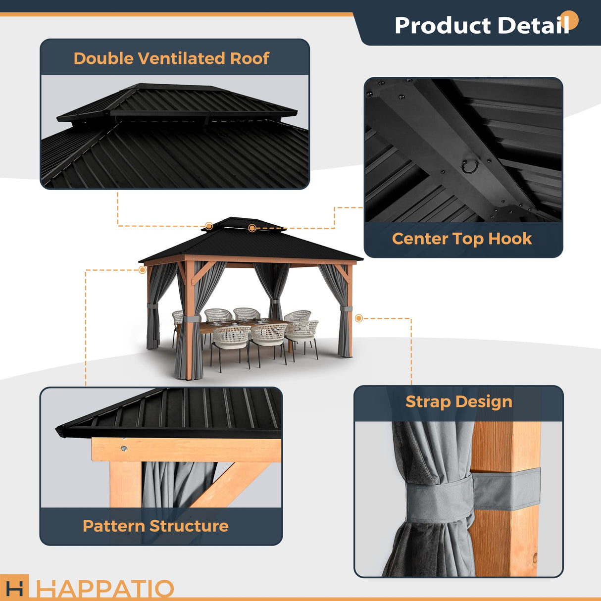 HAPPATIO 11' × 13' Wood Gazebo, Outdoor Hardtop Gazebo with Mosquito Netting and Curtains, Double Metal Roof Patio Gazebo Hard Top Gazebo for Garden, HAPPATIO