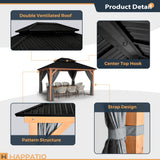 HAPPATIO 11' × 13' Wood Gazebo, Outdoor Hardtop Gazebo with Mosquito Netting and Curtains, Double Metal Roof Patio Gazebo Hard Top Gazebo for Garden, HAPPATIO