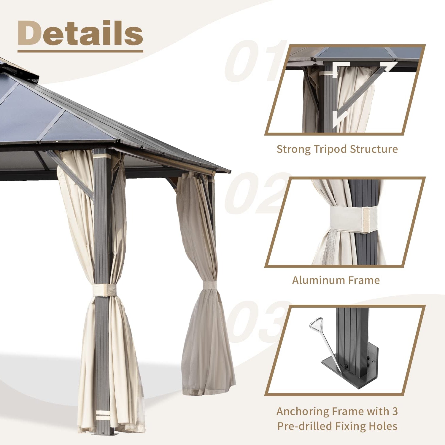 MELLCOM 12x20FT Hardtop Gazebo, Permanent Outdoor Aluminum Patio Gazebo with Aluminum Composite Double Roof for Patio Lawn and Garden, Curtains and MELLCOM