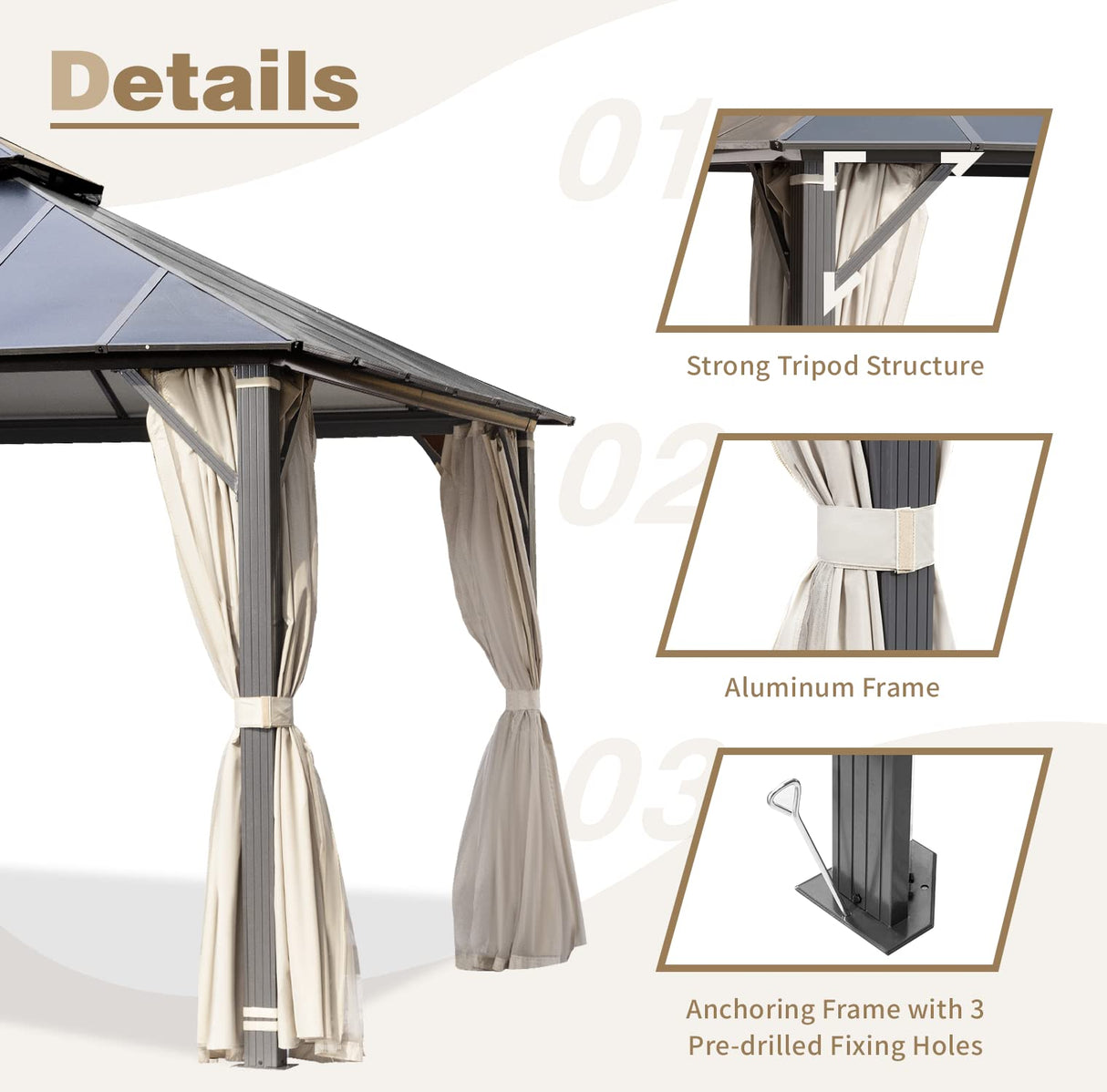 MELLCOM 12x20FT Hardtop Gazebo, Permanent Outdoor Aluminum Patio Gazebo with Aluminum Composite Double Roof for Patio Lawn and Garden, Curtains and MELLCOM