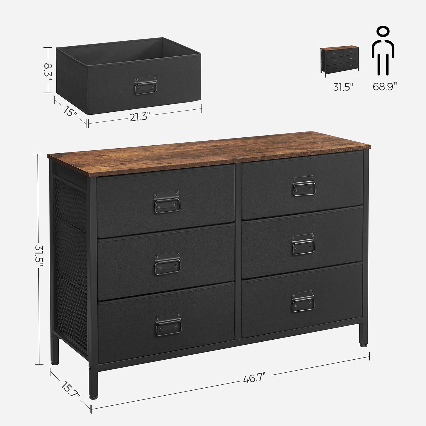 SONGMICS Dresser for Bedroom, Storage Organizer Unit with 6 Fabric Drawers, Steel Frame, for -Living -Room, Entryway, 6 drawers Brown + Black - WoodArtSupply