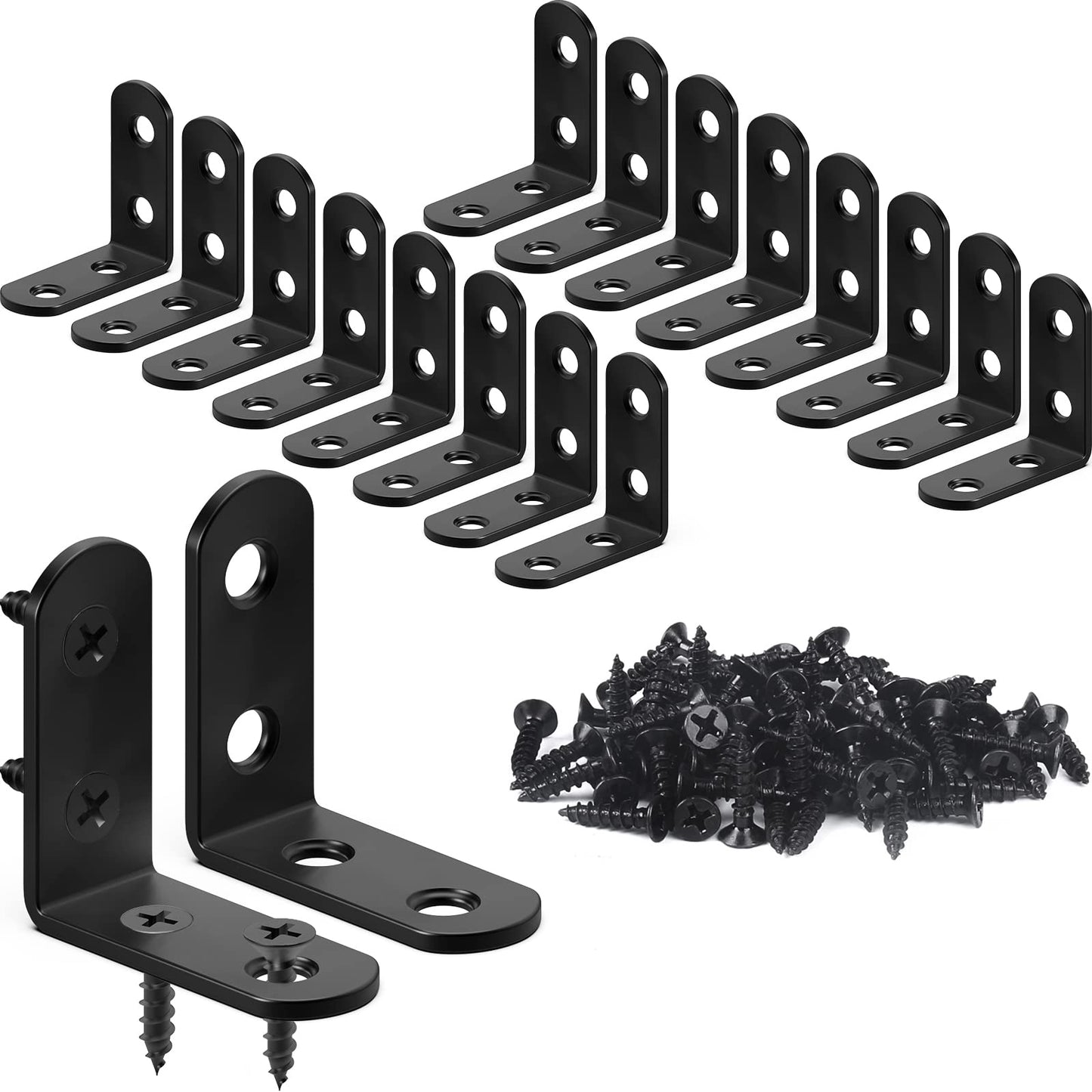 18PCS L Bracket Corner Bracket, FATLODA Stainless Steel L Brackets for Shelves, Black Small Right Angle Bracket, Metal Corner Brace for Wood