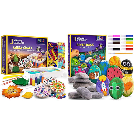 NATIONAL GEOGRAPHIC Mega Arts and Crafts Kit for Kids – Mosaic Kit, Marbling Paint Kit & Air Dry Clay Pottery & Rock Painting Kit - Arts and Crafts