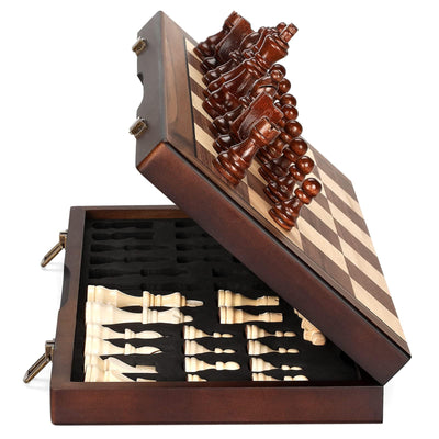 Magnetic Wooden Chess Board Set with Manual for Adults Kids 15 Inch Chess Puzzle with Handmade Pieces, Folding Portable Travel Unique Chess Game for