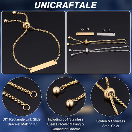 UNICRAFTALE 2 Colors Engravable Bracelets DIY Kit Including Rectangle Engravable Blank Tags Links Connectors 24cm 304 Stainless Steel Slider Bracelet UNICRAFTALE