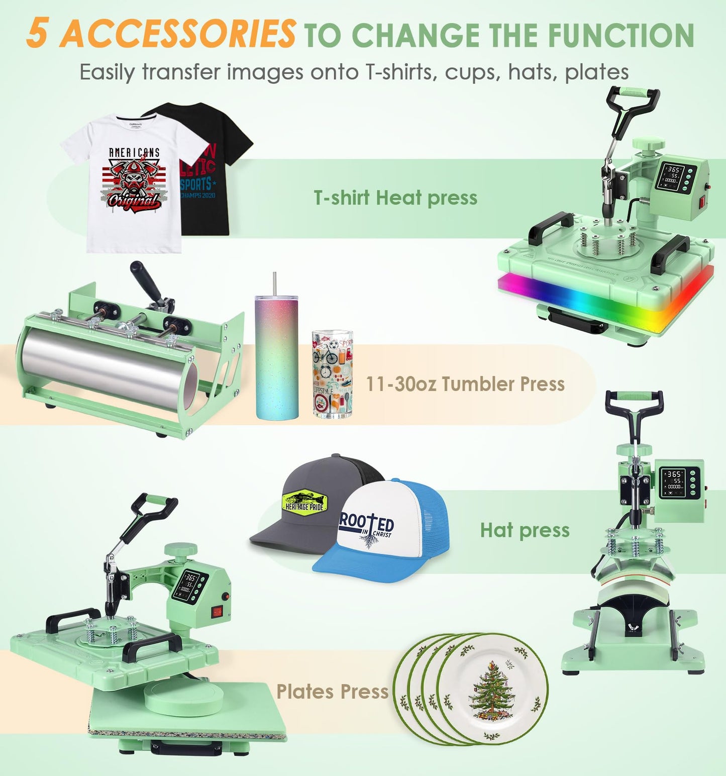 Slendor 5 in 1 Heat Press Machine 12x15 inch Sublimation Heat Press 360° Swing Away Heat Transfer Digital T-Shirt Pressing with 30OZ 20OZ Tumbler