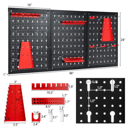 Goplus Pegboard Wall Organizer, 4ft Metal Garage Pegboard Tool Organizer w/3 Pegboards, Drill Bit Rack, Wrench Rack, Hooks Accessories, Wall-Mounted - WoodArtSupply