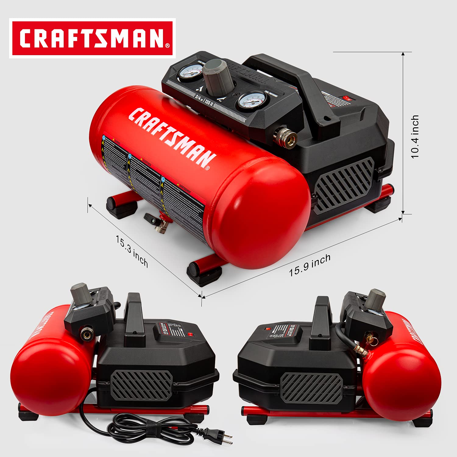 Craftsman Air Compressor, 1.5 Gallon 3/4 HP Max 135 PSI Pressure, 1.5 CFM@90psi and 2.2 CFM@40psi, Stainless Steel Portable Oil Free Maintenance Free - WoodArtSupply