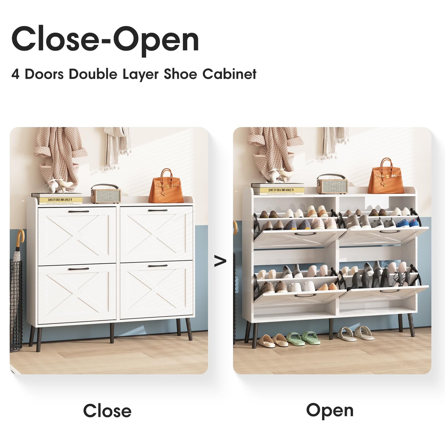 Maupvit Large Shoe Cabinet with 4 Flip Drawers, Freestanding Shoe Cabinet Organizer with Metal Drawer Bracket, Shoes Storage Cabinet for Entryway, Maupvit